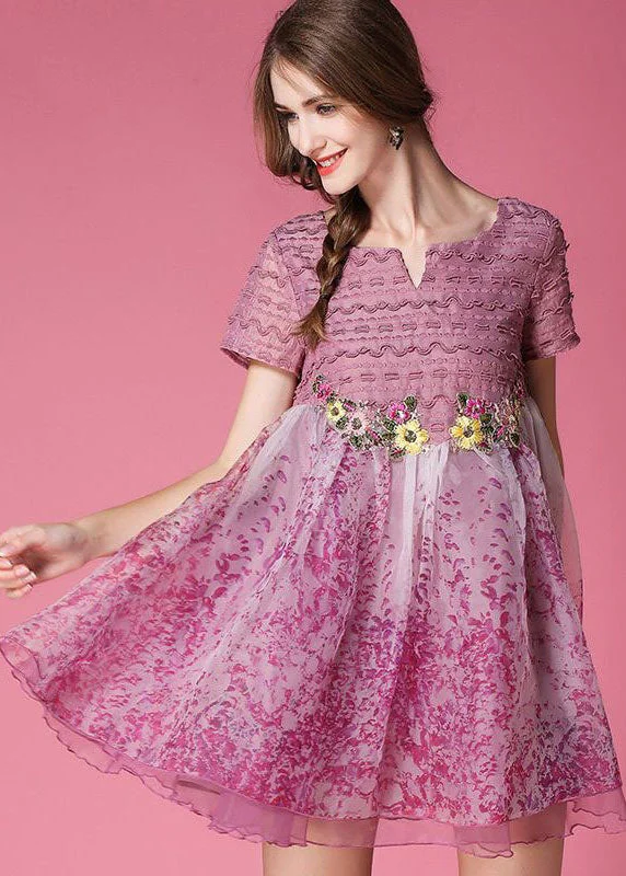 elegant shift dressClassy Pink Embroideried Patchwork Wrinkled Organza Dress Short Sleeve