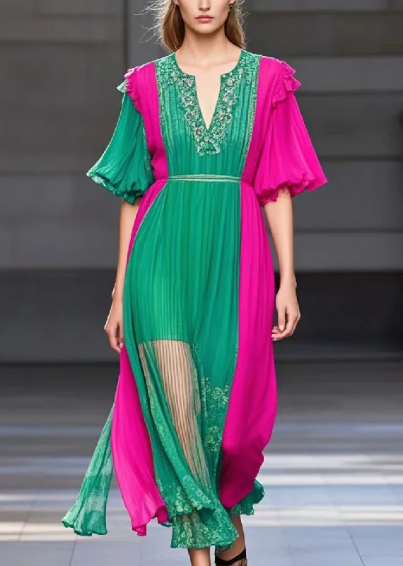 While Supplies Last formal dressStyle Green V Neck Patchwork Wrinkled Chiffon Robe Dresses Summer