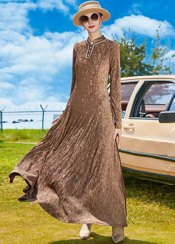 Anniversary Sale boho-chic dressElegant Chocolate Stand Collar Exra Large Hem A Line Dress Spring Anniversary Sale boho-chic dressElegant Chocolate Stand Collar Exra Large Hem A Line Dress Spring