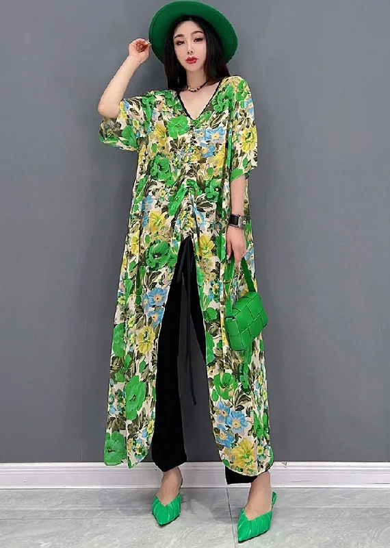 Grand Opening Sale floral dressDIY Green V Neck Patchwork Print Wrinkled Long Dress Short Sleeve
