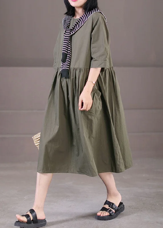 Limited Time Discount silk dressArmy Green Sailor Collar Cotton Holiday Dresses Pockets Wrinkled Half Sleeve