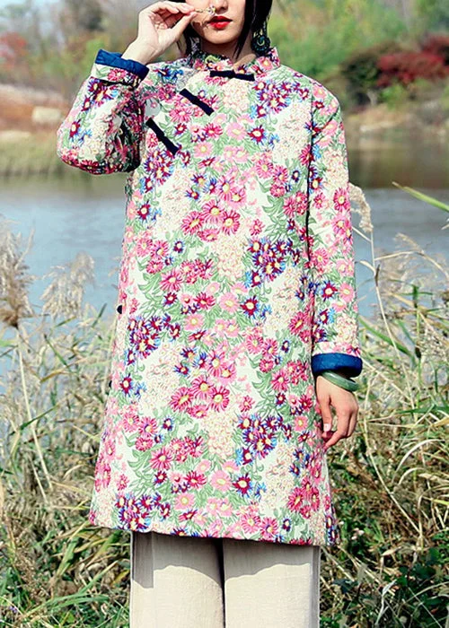 sophisticated dressNew Pink Chinese Button Print Patchwork Cotton Mid Dresses Fall