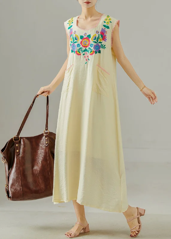 floral midi dressBoho Apricot Embroidered Cotton Long Dress Sleeveless