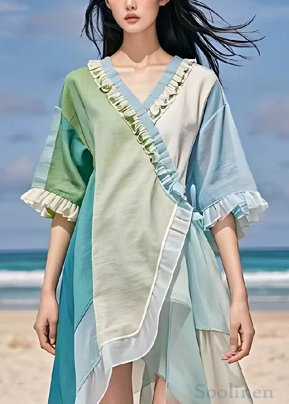 Hot Deal lace-up dressChic Light Blue V Neck Ruffled Chiffon Dress Summer