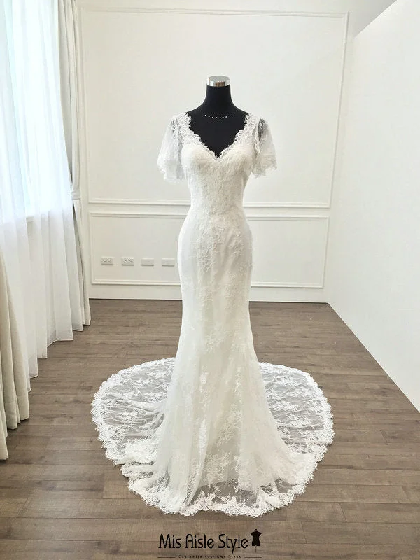 Year-End Sale chic shift dressMermaid Low V-back Soft Lace Flutter Sleeve Wedding Dress