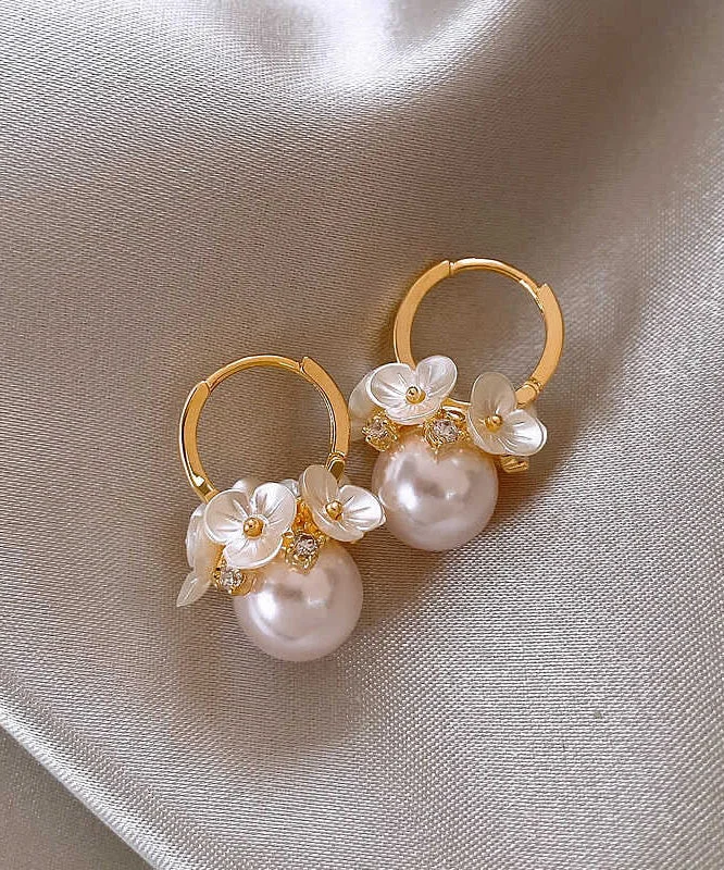 chic dressDIY White Alloy Floral Pearl Hoop Earrings