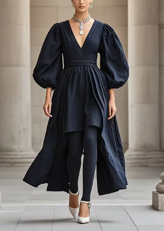 Fantastic Deals long-sleeve floral dressFrench Black V Neck Asymmetrical Cotton Dress Puff Sleeve Fantastic Deals long-sleeve floral dressFrench Black V Neck Asymmetrical Cotton Dress Puff Sleeve