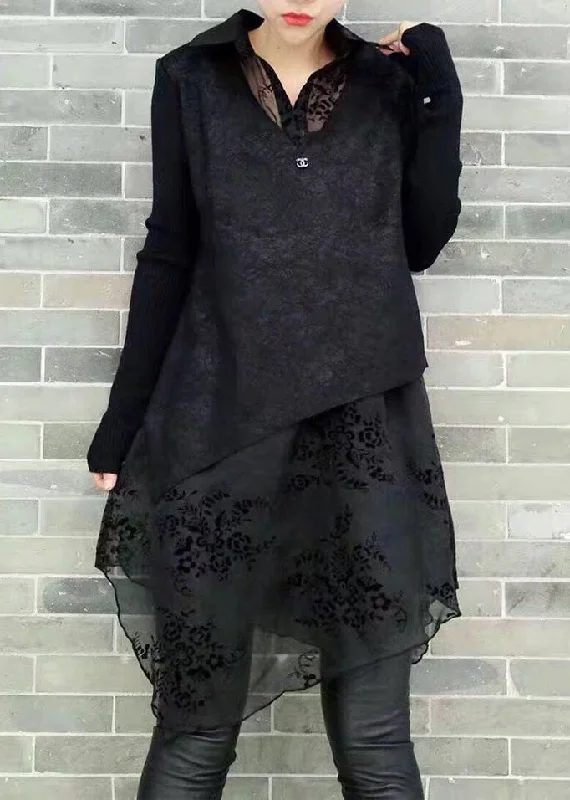 romantic dressNatural Black Peter Pan Collar Asymmetrical Print Knit Patchwork Chiffon Mid Dress Long Sleeve