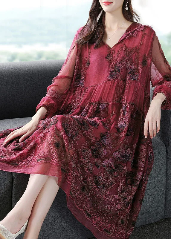 Deal Mania floral dressFrench Mulberry Hooded Embroideried Patchwork Silk Long Dresses Spring