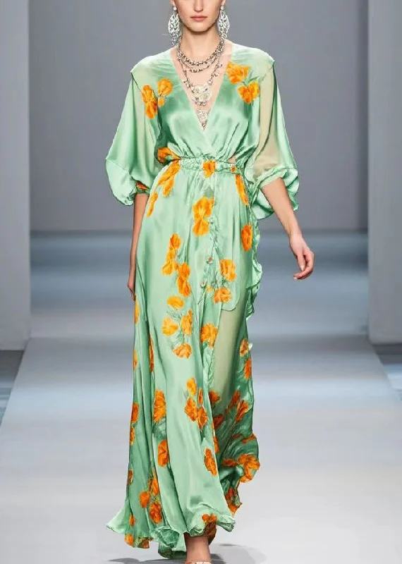 backless dressElegant Light Green Ruffled Print Silk Long Dress Spring