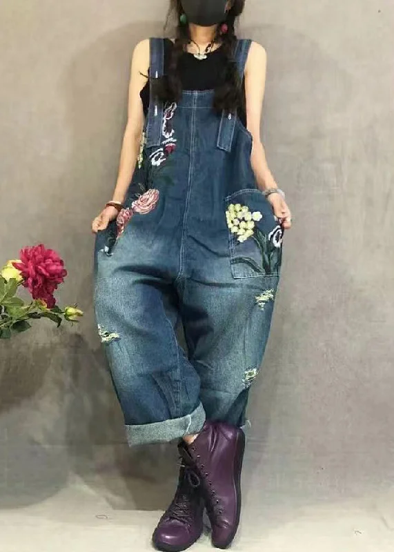 Price Buster New Blue Embroidered Pockets Denim Jumpsuit Summer MN062