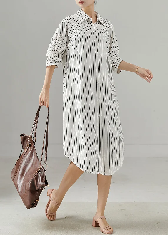 pleated dressWomen White Peter Pan Collar Striped Cotton Shirt Dresses Spring