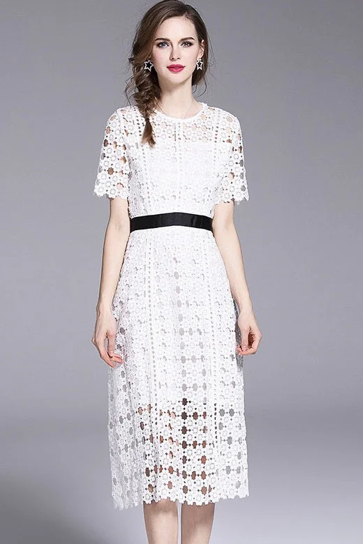 casual evening dressWhite Lace Dress W/ Contrast Band