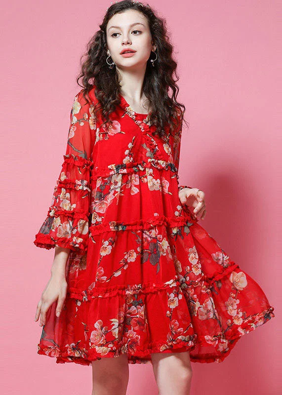 spaghetti strap dressFrench Red Ruffled Print Chiffon Maxi Dress Bracelet Sleeve