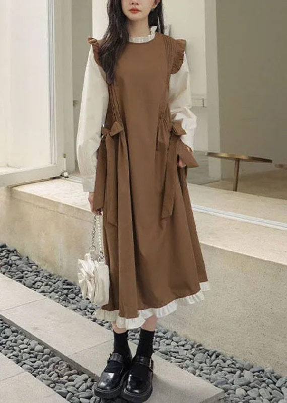 Special Discount classic fit-and-flare dressArt Khaki Ruffled Patchwork Cotton Fake Two Piece Dress Spring