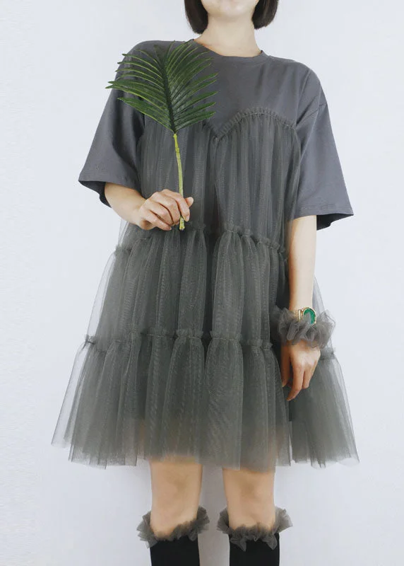 casual day dressFrench Grey O-Neck Tulle Patchwork Cotton Robe Dresses Short Sleeve