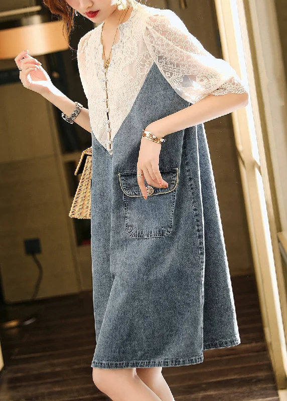 vintage-inspired dressLoose Blue Embroideried Lace Patchwork Dress Half Sleeve