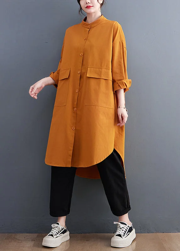 Lowest Prices v-neck dressBoutique Orange Stand Collar Pockets Cotton Maxi Dress Fall