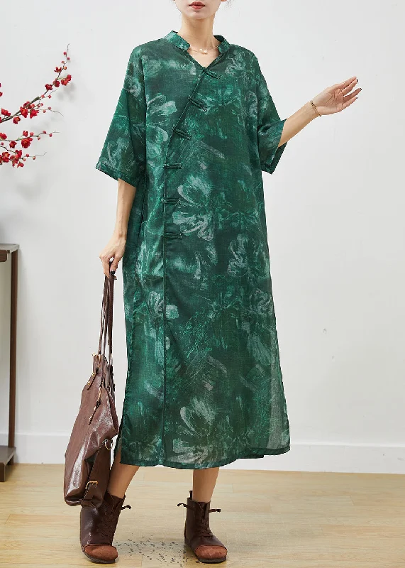 Limited Availability one-shoulder dressArt Green V Neck Tie Dye Linen Oriental Dresses Summer Limited Availability one-shoulder dressArt Green V Neck Tie Dye Linen Oriental Dresses Summer
