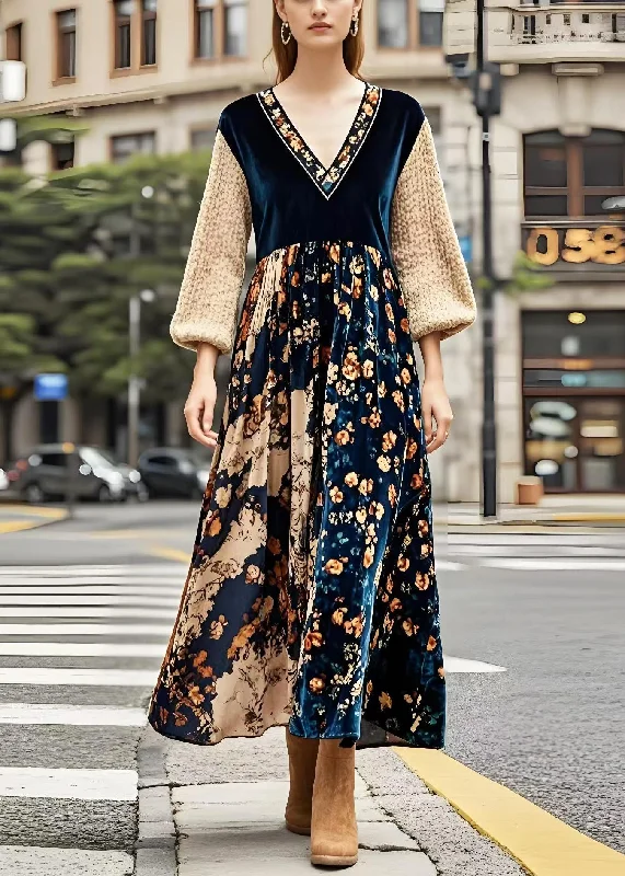 high-waisted dressBohemian V Neck Patchwork Print Silk Velvet Maxi Dresses Spring