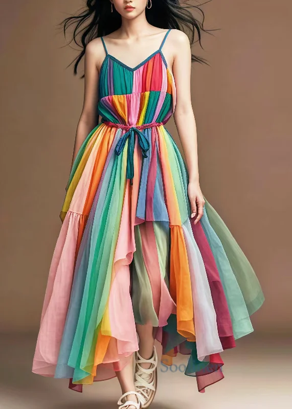 Stock Clearance casual slip dressStylish Rainbow Cinched Patchwork Tulle Spaghetti Strap Dress Summer Stock Clearance casual slip dressStylish Rainbow Cinched Patchwork Tulle Spaghetti Strap Dress Summer