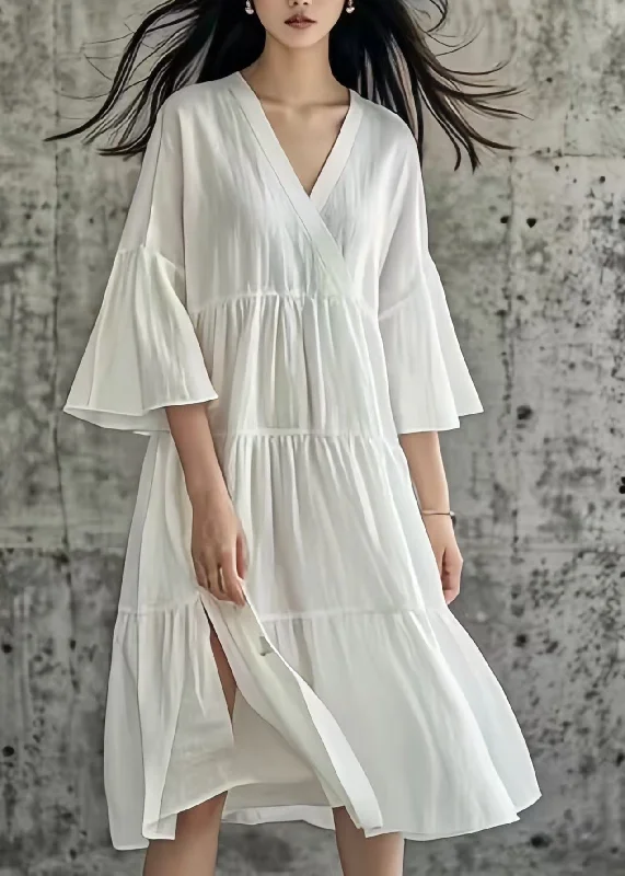 New Arrival pleated dressSimple White Side Open Wrinkled Cotton Long Dresses Summer