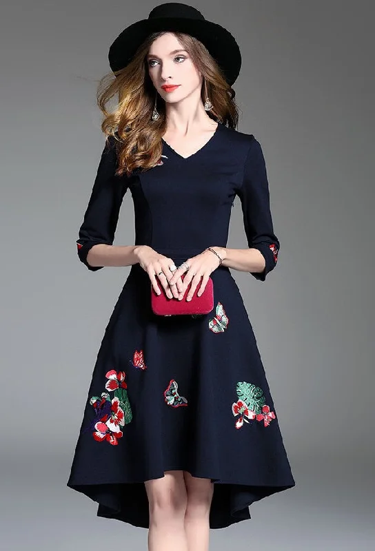 casual midi dressFloral Embroidered Asymmetrical Hem Dress