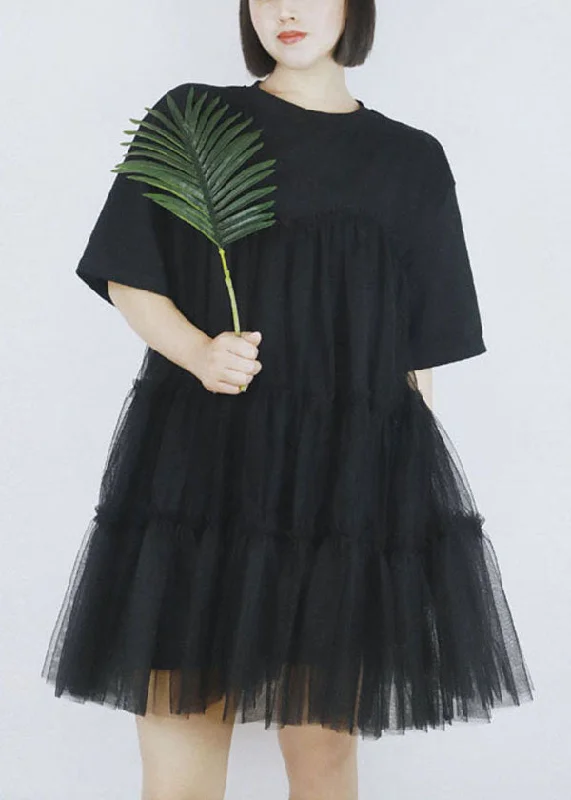 fitted cocktail dressBlack Tulle Patchwork Cotton A Line Dress O-Neck Short Sleeve