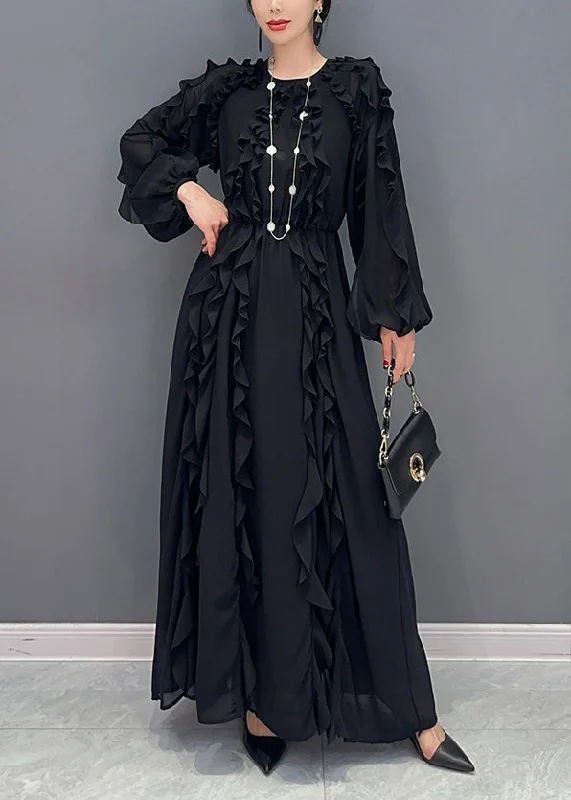 Time-Limited Offer one-shoulder dressElegant Black Ruffles Cinched Chiffon Maxi Dresses Spring
