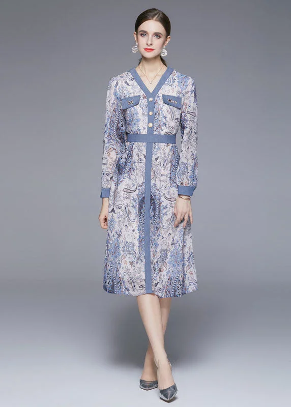 Reduced Prices A-line dressArt Light Blue V Neck Print Chiffon Vacation Dresses Fall Reduced Prices A-line dressArt Light Blue V Neck Print Chiffon Vacation Dresses Fall