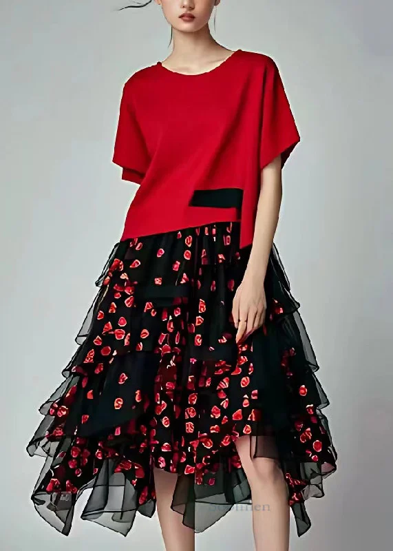 Huge Savings textured dressArt Red Print Tulle Patchwork Long Dresses Short Sleeve