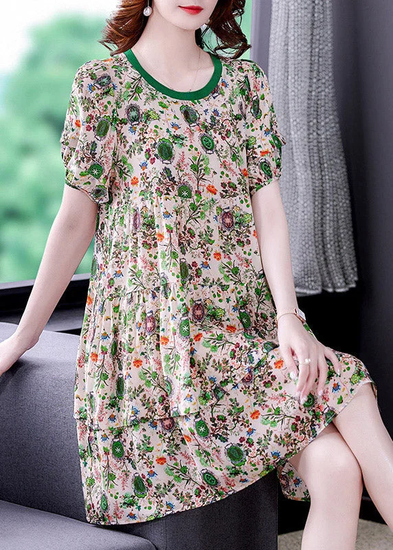 classic fit-and-flare dressBeautiful O-Neck Print Wrinkled Chiffon Mid Dresses Short Sleeve