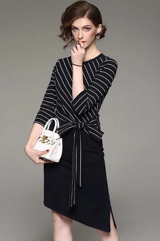 trendy mini dressNavy Stripe Dress W/ Black Lace