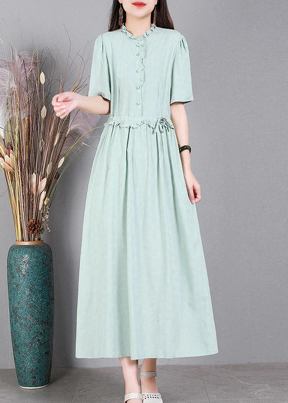 Price Drop wrap-around dressLight Green Print Tie Waist Linen Maxi Dresses Short Sleeve