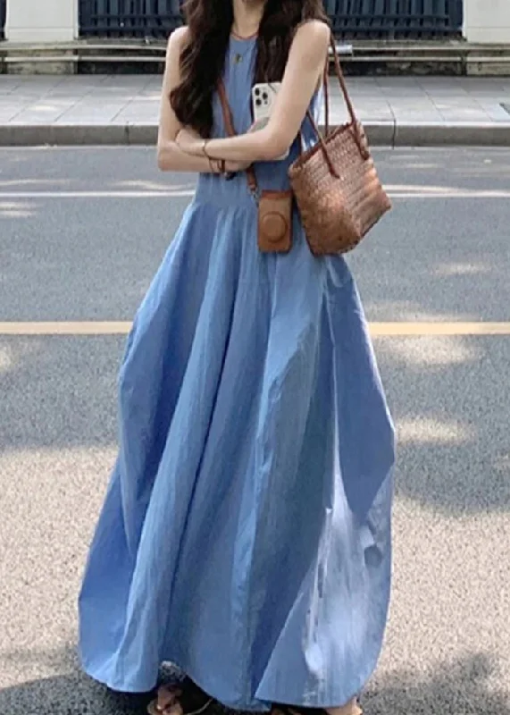 chic dressNew Blue O Neck Pockets Solid Cotton Long Dress Sleeveless