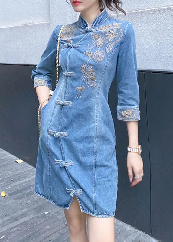 relaxed fit dressSlim Fit Blue Embroideried Floral Button Denim Mid Dresses Bracelet Sleeve