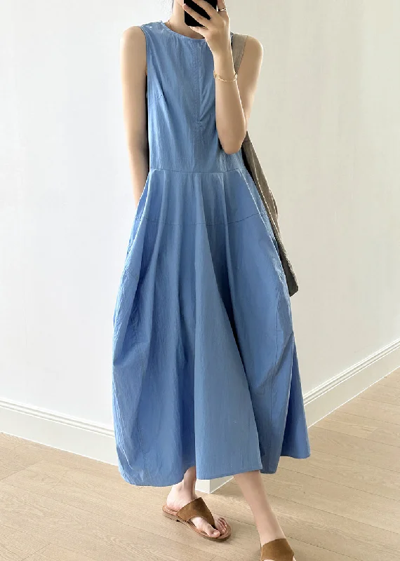 Amazing Deals summer dressNew Blue O-Neck Pockets Cotton Long Dresses Sleeveless