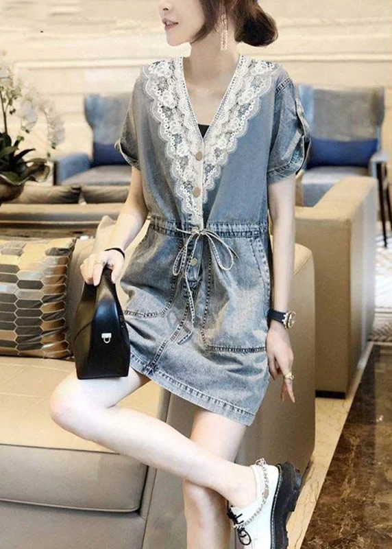 Loyalty Reward casual slip dressWomen Blue V Neck Lace Patchwork Tie Waist Holiday Mid Dress Short Sleeve Loyalty Reward casual slip dressWomen Blue V Neck Lace Patchwork Tie Waist Holiday Mid Dress Short Sleeve