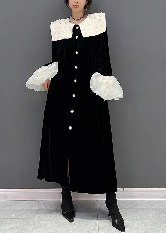 Warehouse Sale formal dressNovelty Black Peter Pan Collar Patchwork Nail Bead Button Velour Maxi Dress Fall