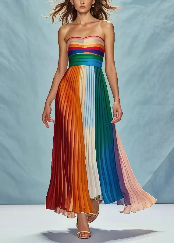 A-line dressFitted Rainbow Patchwork Wrinkled Chiffon Strapless Dress Summer