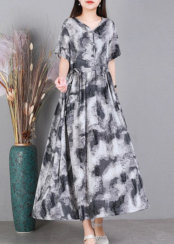 Today’s Deal cocktail dressModern Grey V Neck Print Button Linen Dress Short Sleeve