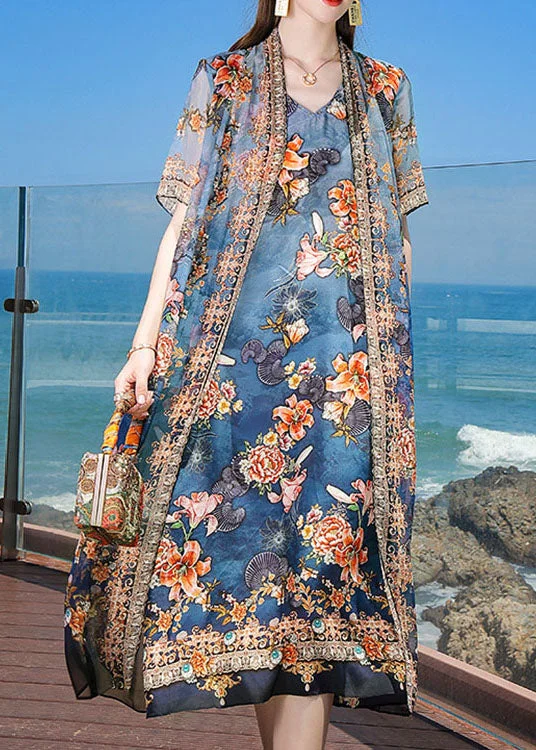 YEAR-End Clearance casual day dressFine Blue V Neck Print 2024 Silk Fake Two Piece Vacation Dresses Short Sleeve YEAR-End Clearance casual day dressFine Blue V Neck Print 2024 Silk Fake Two Piece Vacation Dresses Short Sleeve