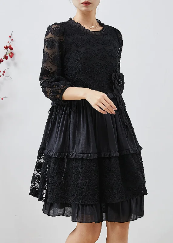 puff sleeve dressUnique Black Embroidered Floral Tulle Mid Dresses Summer