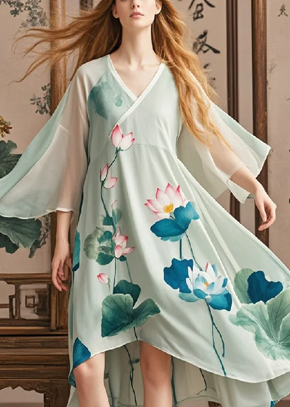 cocktail party dressOrganic Green Asymmetrical Lotus Print Chiffon Dress Summer