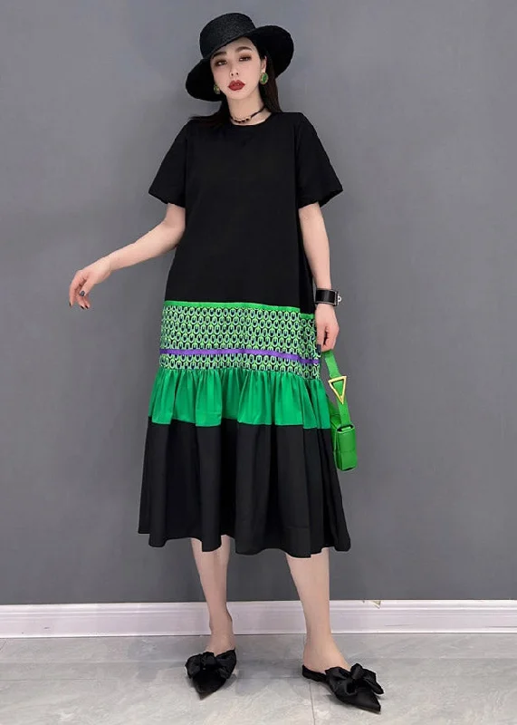 Bonus Savings vintage dressElegant Black O-Neck T Shirt Patchwork Fishtail Dress Short Sleeve