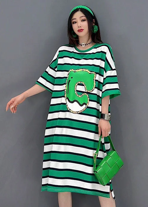 Steals and Deals summer floral dressBohemian Green O-Neck Striped Print Cotton Loose Dresses Short Sleeve