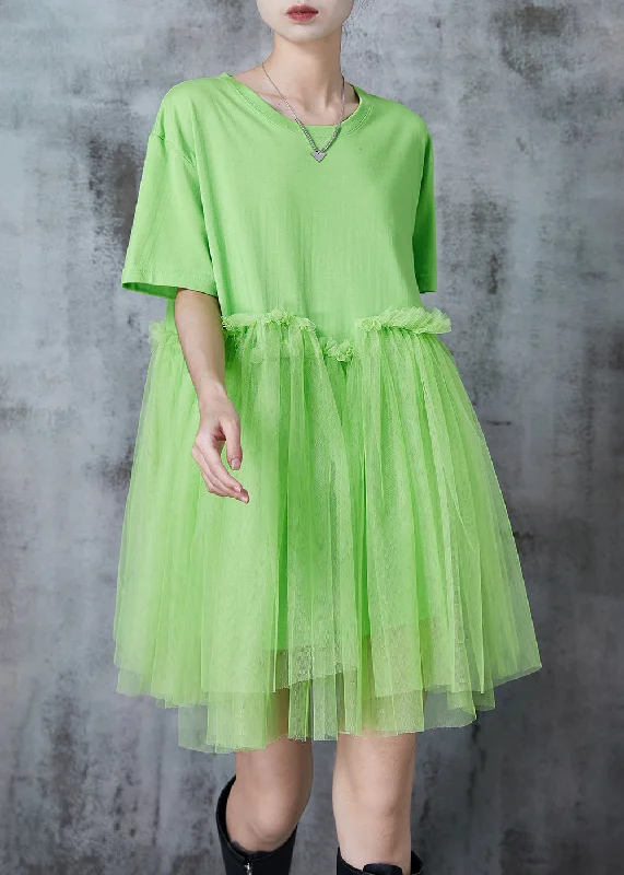 pleated dressChic Grass Green Oversized Patchwork Tulle Mini Dresses Summer