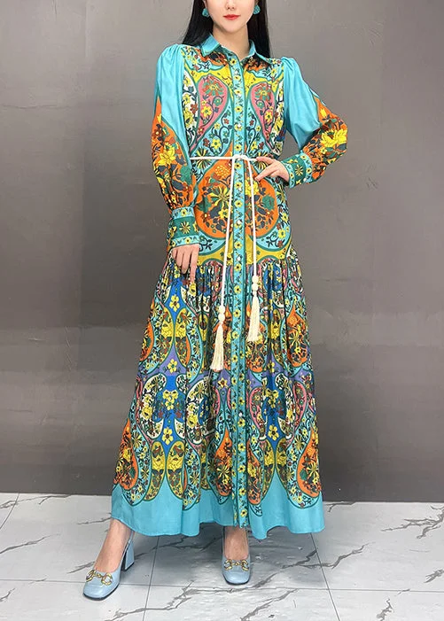 Early Bird Discount mini dressBohemian Blue Peter Pan Collar Button Print Cotton Long Dress Fall