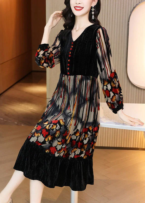 New Deals silk dressStylish Black V Neck Patchwork Print Exra Large Hem Silk Velour Dress Spring