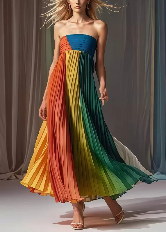 floral dressHandmade Rainbow Bustier Top Chiffon Strapless Pleated Dresses Summer